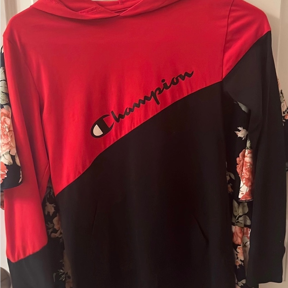 Boys Champion Long Sleeve Hooded T-shirt - black and red - medium